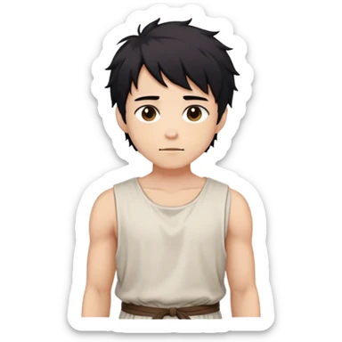 medieval summer outfit worn by a DnD themed fantasy male character. basic sleeveless cotton tunic with a simple, rounded neckline and a loose fit. clothes only above the waist. The clothes full waist. The character's haven't arms. character is white-skinned, black hair, brown eyes, short messy hair. sticker