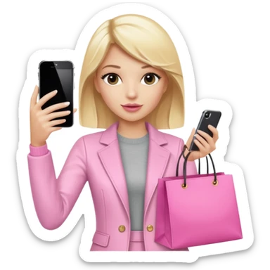 Blond influencer taking selfie with an iphone with one hand and a pink shopping bag next to her  sticker
