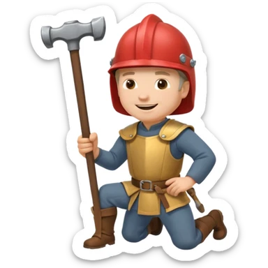 a happy medieval white man with a helmet kneeling and knocking with a hammer sticker