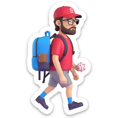 adventurer with backpack, small beard, glasses and backwards baseball cap sticker