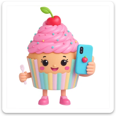 Change the cupcake wrapper pattern to pastel stripes, keep the rest of the 3D kawaii cupcake character the same, no background, transparent PNG. The style is 3D kawaii cupcake character with a focus on pastel colors and a cute appearance. sticker