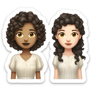 girl front profile with white pale skin, with dark brown eyes, with dark brown long curly hair mullet shag, with a white flowery dress sticker