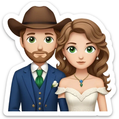 A bride and groom. Bride has brown hair with soft curls, has green eyes, wears an off shoulder dress. Groom, dark blue eyes, hair is blond, wears a western suit with a brown vest and a bolo tie. sticker