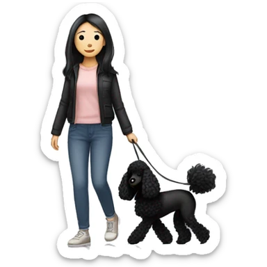 One Korean girl with black long straight hair with one medium black poodle is walking. sticker