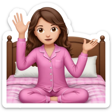 Brunette girl with long wavy brown hair with brown eyes and slapping on a withe bed with cute pink pjs sticker