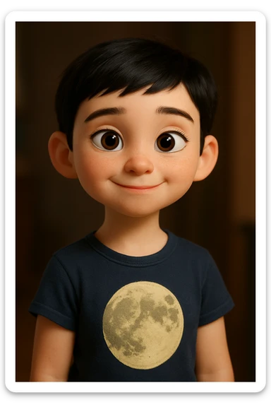 Pixar animation style girl with white skin, very short black hair, wearing a t-shirt with a moon drawing sticker