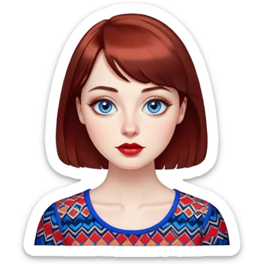 Artistic young woman with pale skin, oval face, large expressive blue eyes with eyeliner, thin arched eyebrows, small nose, full lips with red lipstick, dark auburn hair that's straight with slight waves at ends, straight bangs, wearing a bright colorful patterned top, warm creative expression sticker