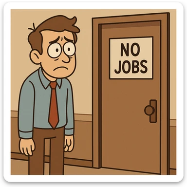 a flat toon man with a worried expression, standing next to a closed office door labeled 'no jobs' sticker
