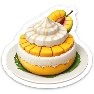 Mango Sticky Rice Cinematic Realistic Mango Sticky Rice Dessert Emoji, depicted as sticky rice drizzled with coconut milk topped with a layer of coconut cream, accompanied by sliced mango on the side of the plate, rendered with vivid textures and warm, tropical lighting. sticker