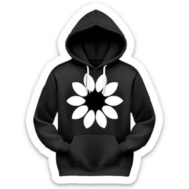 The BLACK Hoodie features a black base with distinctive white and black  open flower spots with empty space in the middle, These hollow ring-like patterns are scattered across. BLACK AND WHITE FLOWERS SPACED OUT FLOWERS, AND ONLY A FEW FLOWERS AND NO DOTS, NO VINES, NO LEAVES sticker