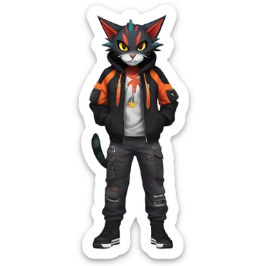 Cool Anthro Noivern-Litten-Feline-Pokémon with edgy stripes hoodie spiked collar punk techwear Cargo Pants Full Body sticker