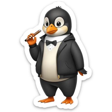 friendly anthropomorphised penguin wearing a mafia-style tracksuit, holding a cigar, confident pose, scheming soprano vibe sticker