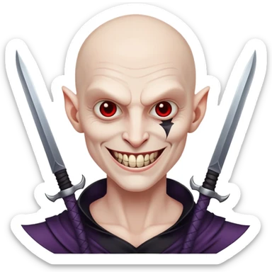 evil villain with razor blade weapons, completely hairless, sinister smile sticker
