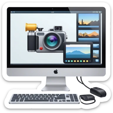 Create an emoji for video editing. Show a computer screen with a video timeline, clips, and editing tools (e.g., scissors). Add a video camera. Use modern, professional colors. Do not include any emojis or smiley faces. Make the background transparent sticker