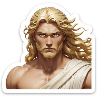 Cinematic Realistic Thor Portrait, depicted as a classical Greek god with a chiseled, sculpted physique reminiscent of ancient marble statues. His fair, luminous skin carries a subtle golden sheen, and his long, wavy, sun-kissed golden hair flows elegantly around his noble face, accentuating his determined, piercing eyes. Draped in a flowing white toga with delicate golden accents and hints of lightning motifs, the portrait is rendered in dynamic natural lighting with a radiant, mythic glow that exudes timeless strength and divine grace. sticker