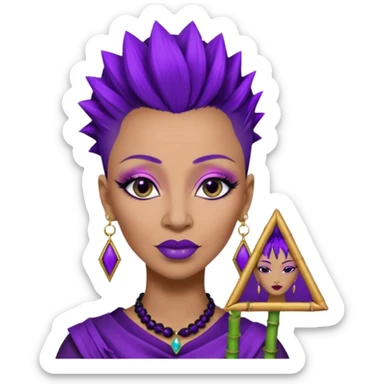 57 years young,  Black queen with a  mohawk hairstyle, purple lipstick,  purple eyeshadow,  droopy looking  eyes, bamboo triangle earrings with the name Draya personalized on them.  sticker
