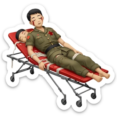 wounded man of oriental appearance, dressed in torn clothes, full length, with closed eyes, head lying on stretcher, in prone position, with injuries on black military stretcher, 1980 sticker
