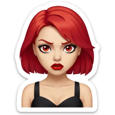 a beautiful very angry woman with red hair and red eyes. The woman wear a black little cutted dress. She have red lipstick and she have a seductive look. Angry face sticker