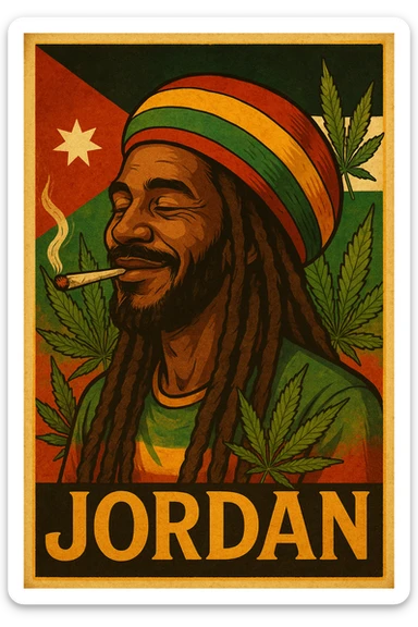 A digital vintage-style poster illustration of a Jordanian Rasta man with dreadlocks, wearing a red, yellow, green striped tam hat. He is smiling peacefully with a lit herbal spliff in his mouth. The background features the official Jordan flag — black, white, green horizontal stripes with a red triangle and a white 7-point star — accurately displayed behind him. Cannabis leaves are tastefully arranged around the composition, and the poster includes Rasta color textures blended with the Jordanian palette. Use a retro poster style with warm, slightly aged textures, bold outlines, and soft shading to evoke a soulful reggae vibe that honors both Jordanian pride and Rasta spirit. The mood is chill, powerful, and respectful sticker