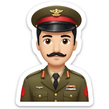 man with small mustache and slick black hair in a soldier uniform with a red band on his arm sticker