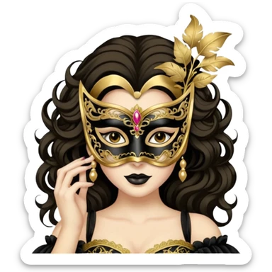 A woman in an ornate gold masquerade mask and elegant outfit, holding the mask delicately. sticker