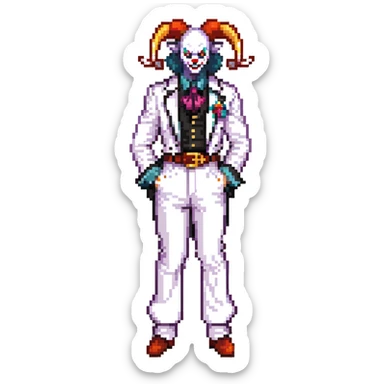 full-body demonic clown in a white leisure suit with bellbottom pants, bald, with black ram horns, flashy belt, ruffled shirt, no neck tie sticker