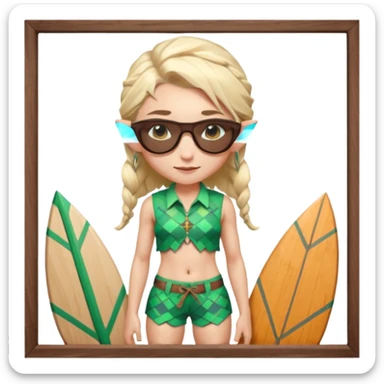 elf female legolas portrait, patterned board shorts (geometric/abstract), unique wooden-framed sunglasses, undercut hairstyle, slight smirk, visible pointy ears, no background, centered emoji, hipster summer vibe coctails  sticker