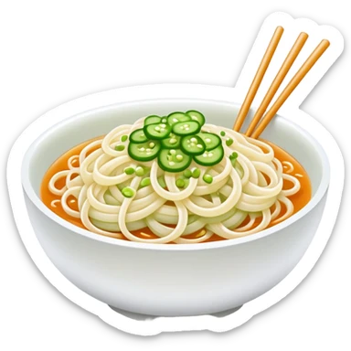Liangpi Cold Skin Noodles with julienned cucumber and sesame sauce, simplified emoji style with bold outlines and bright colors, cartoon style Shaanxi cold appetizer sticker
