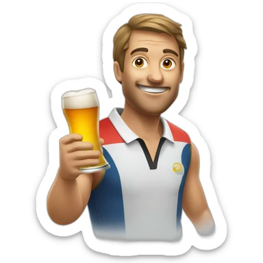 man holding table tennis paddle and a beer sticker