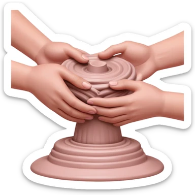 hands performing palm hug gesture on a pink mound of clay on a silver pottery wheel, gently hugging the clay to maintain moisture sticker
