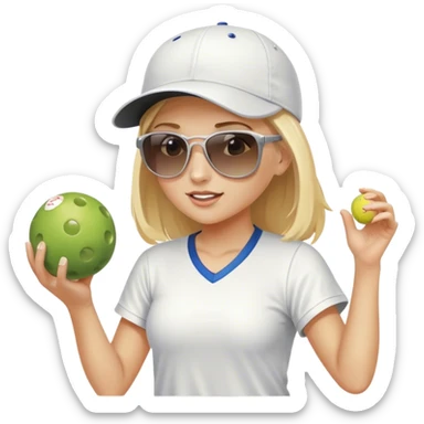 Girl with blond hair  wearing a white baseball cap and sunglasses playing pickleball sticker