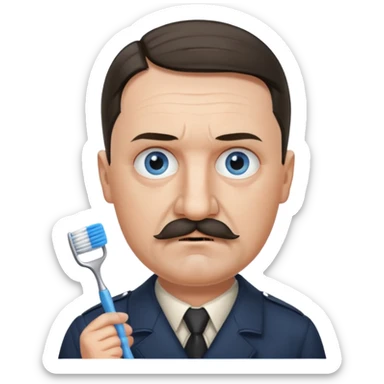 Adolf Hitler had an oval face with fair skin. His eyes were blue and his eyebrows were dark and somewhat bushy. Above his upper lip he wore a small, brush-like mustache, known as a "toothbrush moustache". His sticker