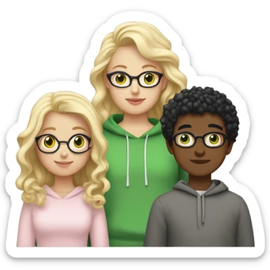Curvy girl with long blonde hair and green eyes wearing a light pink sweater and white skirt holding hands with a brown boy with short curly black hair and glasses wearing a grey hoodie sticker