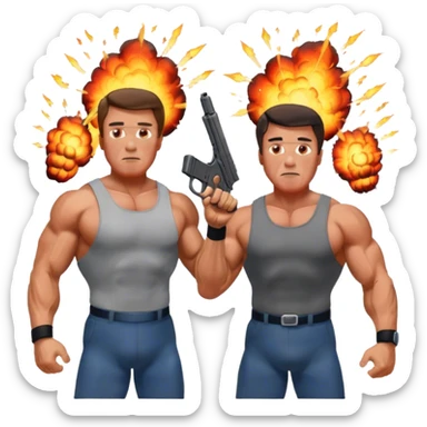 Arnold Schwarzenegger and Sylvester Stallone, explosions, weapons. The design should capture the high-energy, dynamic nature of their films. Transparent background. sticker