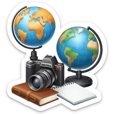 An icon showing a microphone, a notepad, and a camera, symbolizing journalism. The design includes a globe in the background, representing global news, and a breaking news banner for emphasis. Transparent background highlights the dynamic world of media and reporting. sticker