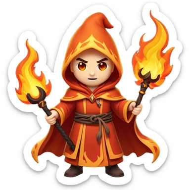 Clash of Clans aesthetic: Cinematic Ferocious Fire Mage Hero Emoji, rendered in a 3D vector-style similar to standard emojis with minimal shading and bold, simplified shapes. A compact, isometric figure draped in flowing, charred and ember-lined robes, wielding a fiery staff crackling with intense flames. Eyes burning with an infernal glow, exuding raw, untamed power. Simplified yet unmistakably iconic, highly detailed and consistent, glowing with a fiery, molten radiance and high shine. Stylized with a touch of menacing sorcery and a searing, ember-infused outline, capturing the essence of a wrathful mage ready to unleash devastating fire magic! sticker