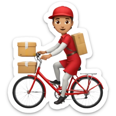 man in a red dress delivering packages on a bicycle, cheerful and dynamic sticker