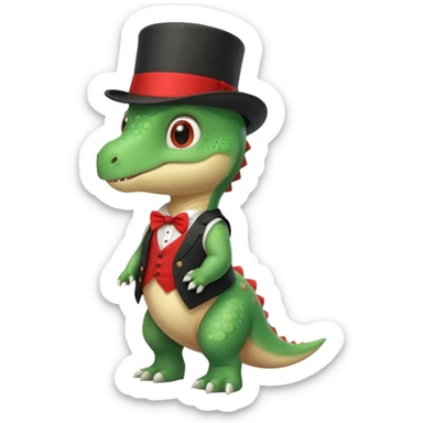 Steampunk:a very cute and adorable green anthropomorphic baby dinosaur with a red top hat sticker