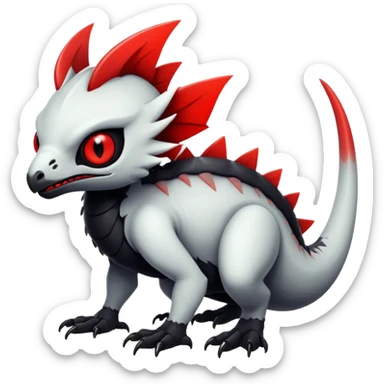 a white exotic edgy vernid-fionbr-Fakémon-creature, with black belly and red eyes, full body sticker