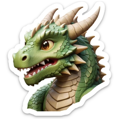 Cinematic Cute Giant Rock Dragon Portrait Emoji, Head tilted playfully and inquisitively, showcasing a robust, stone-carved body with intricately detailed, craggy textures in natural earthen tones accented by soft hints of moss, and a surprisingly gentle, endearing expression; rendered with lifelike clarity and warm, natural light, high shine, mighty yet endearing, styled with a touch of ancient, stony whimsy, soft glowing outline, capturing the essence of a mischievous stone guardian poised to rumble playfully into your embrace! sticker