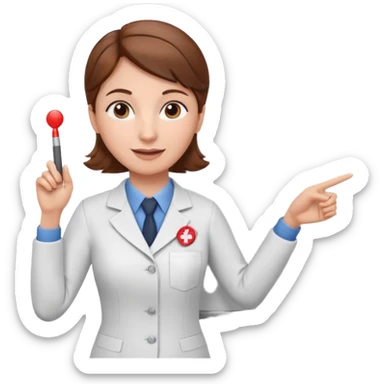 Happy Teacher, female, brown hair up, holding a pointer to a white board with a CPR logo. sticker