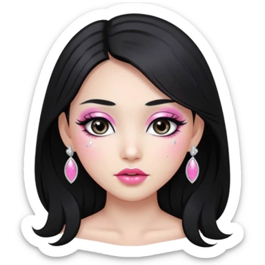 asian long black hair silver grey eyes glossy lips glittery white and pink eyeshadow girl sticker