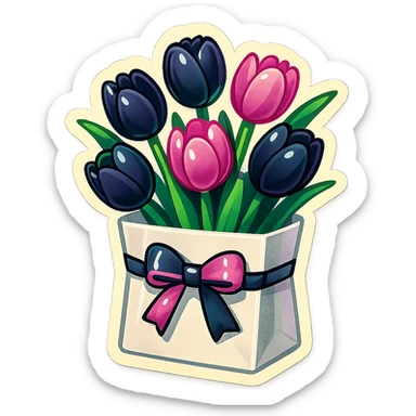 a bunch of black and pink tulips arranged in a white paper bag with a blackpink ribbon, retro stickers style, fun and energetic, thick outlines, sticker-like appearance sticker