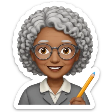 old woman teacher, brown skin, curly grey white hai, wearing glasses, hold chalk on hand sticker