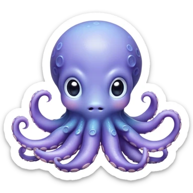 Cinematic Cute Shy Baby Octopus Portrait Emoji, Tentacles tucked slightly inward in an adorably bashful pose, featuring a softly glowing, round light blue-purple body with enormous, soulful eyes peering out timidly, Simplified yet irresistibly adorable features, highly detailed, glowing with a delicate, soothing marine radiance, high shine, quiet yet expressive, stylized with an air of gentle mystery, soft glowing outline, capturing the essence of a tiny, shy deep-sea creature that seems as if it could slowly peek out and explore the world with cautious curiosity! sticker