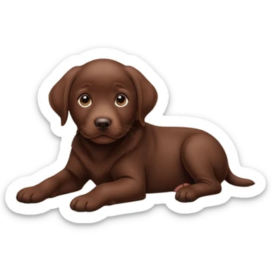 A chocolate Labrador Retriever puppy lying on a cozy carpet indoors, looking curious. Warm indoor light, realistic fur detail, shallow depth of field. sticker