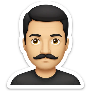 đàn ông 40 tuổi, da vàng đậm, tóc rậm rạp màu đen, ria mép màu đen, áo đen sticker