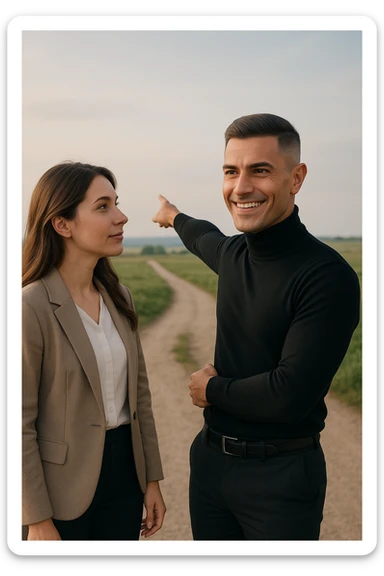 Editorial photo of a confident man standing at a crossroads, pointing decisively toward a clear path ahead. Beside him, a woman looks at him with trust and readiness to follow. Both are well-dressed, the setting is an open landscape with soft, natural light. The mood is one of leadership, guidance, and partnership. sticker