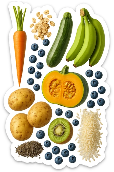 carota, fiocchi di avena, zucchine, kiwi, mirtilli, semi di chia, patate, banane acerbe, zucca, riso fluttuano in aria verticalmente, iperrealistici 4k sticker