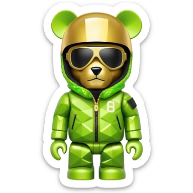 geometric bearbrick in lime graffiti balaclava wearing large snowboard style panoramic shield visor with single continuous lens, no eye division, luxury down jacket with fur, gold chains sticker
